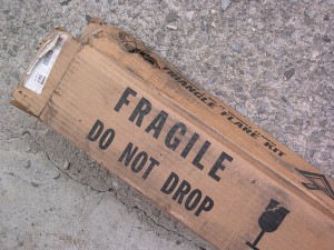 Box labeled Fragile: Do Not Drop that has been dropped and crushed.