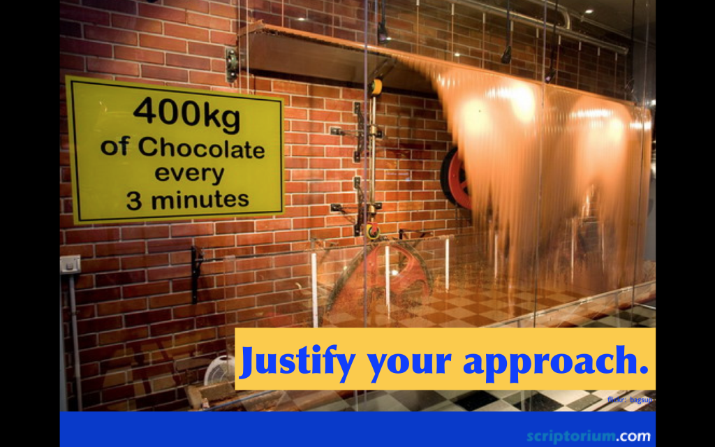 tcworld China slide: Chocolate factory with a sign on the wall reading 400kg chocolate every three minutes. Caption for the slide is Justify your approach.