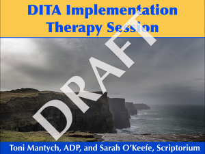 Presentation slide with title "DITA Implementation Therapy Session" and a large gray DRAFT plastered across the slide