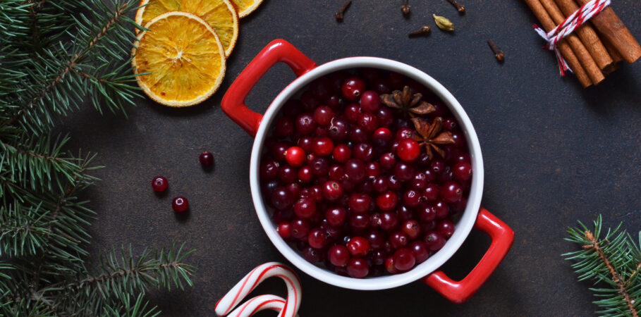 Winter cranberry dish on a dark background with orange slices, spices, and other holiday decor surrounding it.