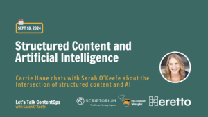 Green webinar title screen with white text, "Structured Content and Artificial Intelligence," yellow subtext says, "Carrie Hane chats with Sarah O'Keefe about the intersection of structured content and AI." 