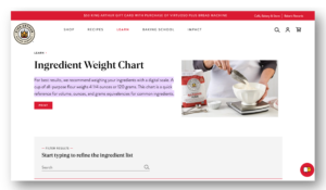 Screenshot of king arthur flour website showing information about flour weights