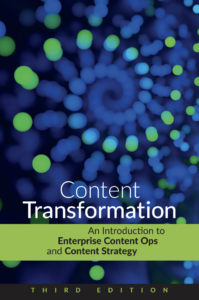 Blue and green dotted swirling pattern with the words "Content Transformation" and then a green bar with the text: "An Introduction to Enterprise Content Ops and Content Strategy." Bottom bar says, "Third edition."