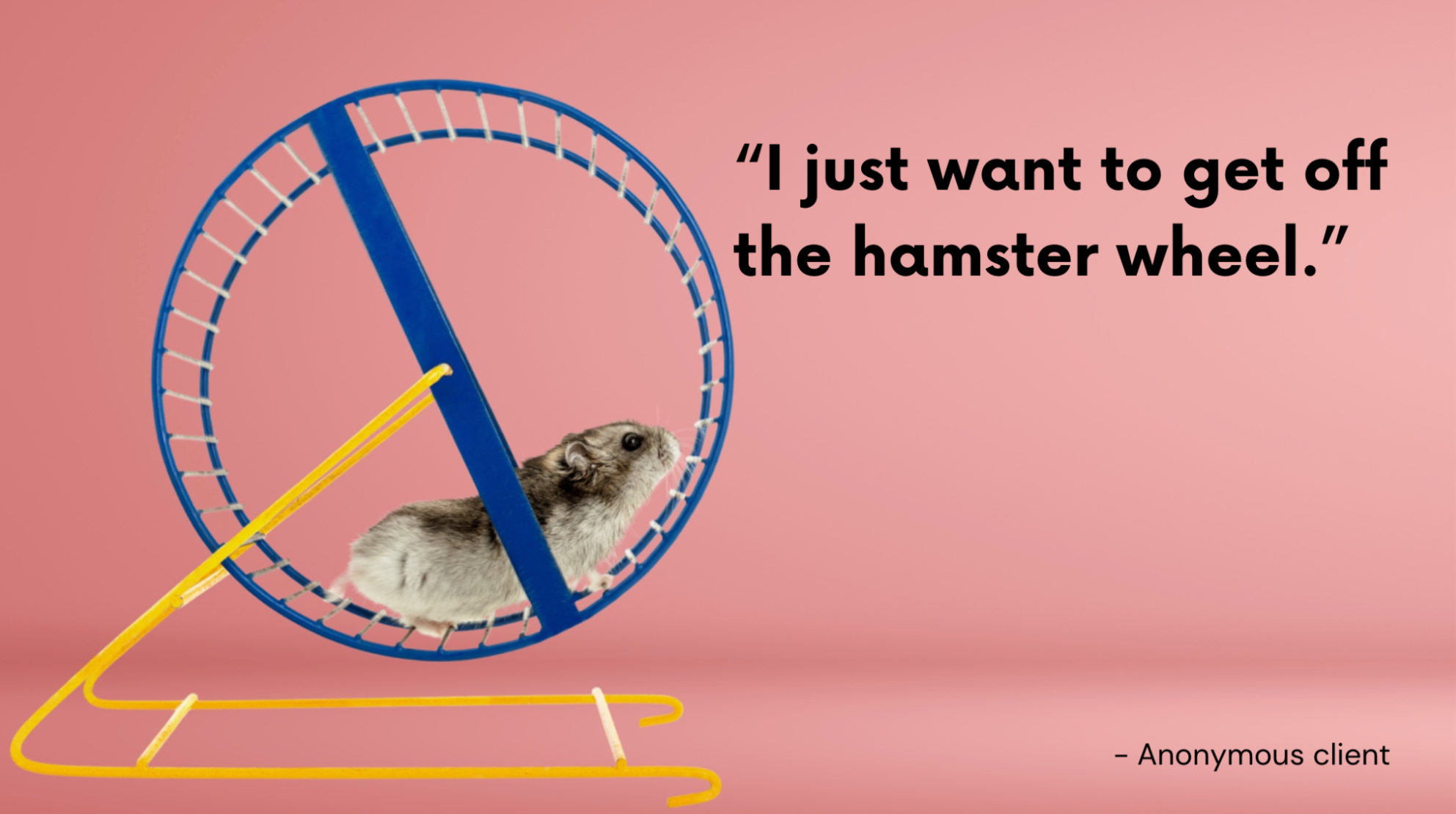 This is an image of a small hamster running on a blue and yellow exercise wheel against a soft pink background. To the right of the hamster, there is a quote in bold black text that reads: "I just want to get off the hamster wheel." Beneath the quote, there is a smaller attribution in plain black text that says "- Anonymous client."