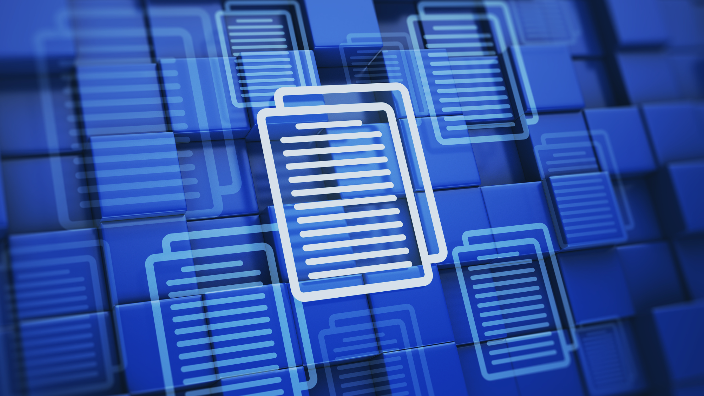 Abstract digital artwork featuring blue, glowing document icons stacked in layers against a darker blue, grid-like background, representing a request for proposal (RFP).