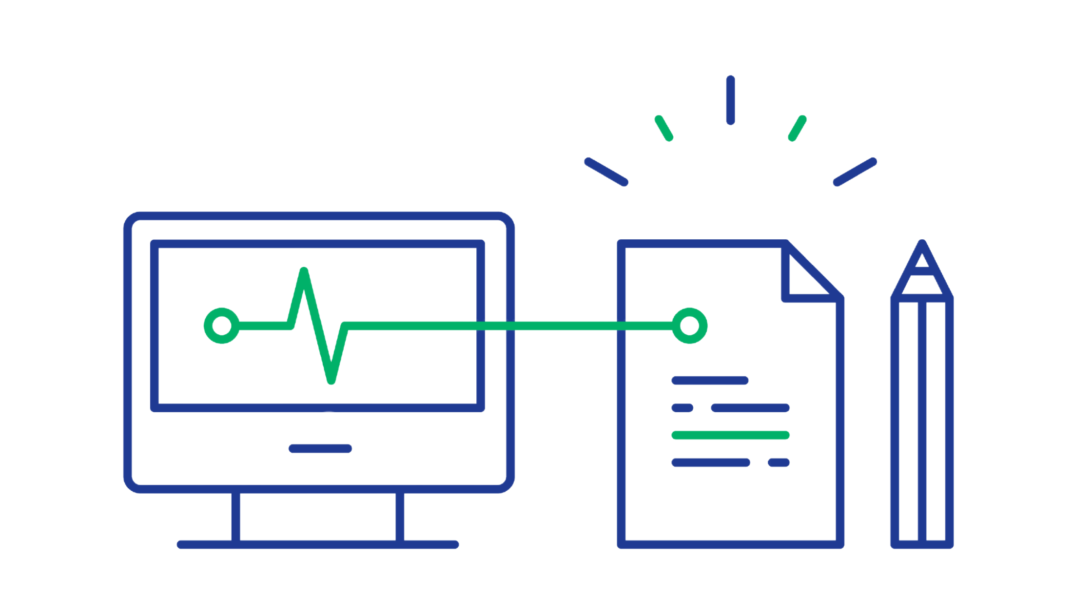 This image features a stylized illustration of content creation or digital monitoring. On the left, there's a computer monitor with a green heart rate line symbolizing activity or progress. The green line connects the monitor to a document icon on the right, which has lines resembling text and a circular marker, indicating written content. Above the document, small green and blue rays symbolize ideas or insights. To the far right, a pencil icon represents writing or creativity. The image is outlined in blue and green, emphasizing a clean and modern design.