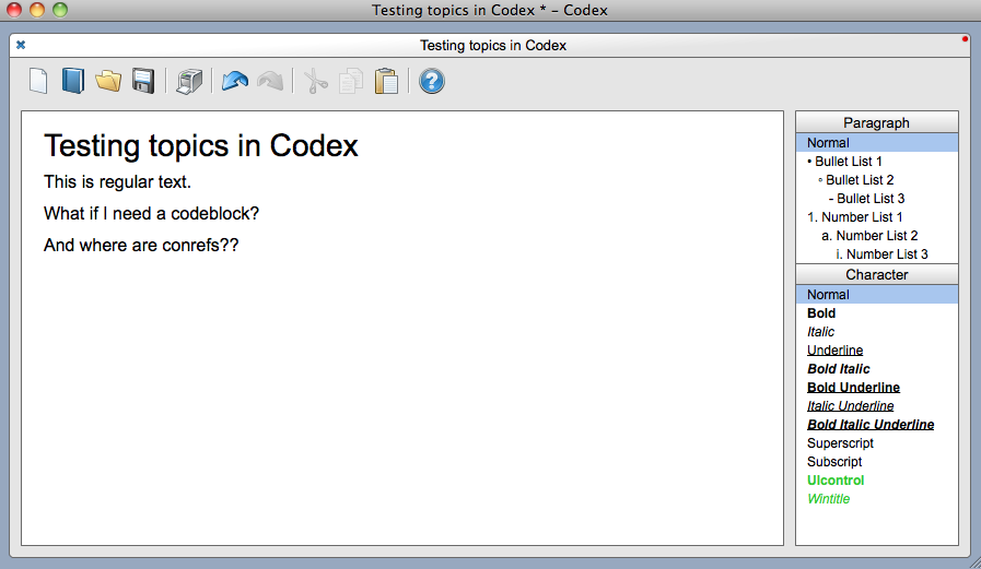 Codex provides the basics. Only topics, no codeblocks or conrefs.