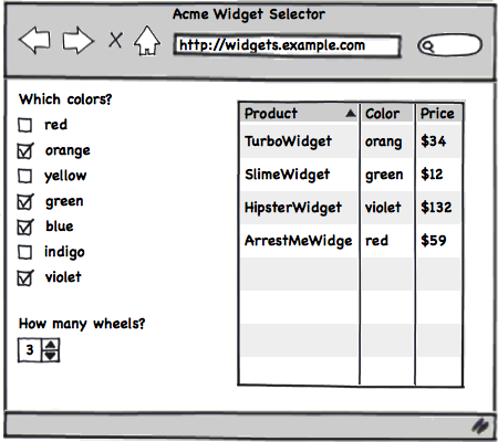 Mockup of product selector that could replace a data sheet. Faceted search narrows down the product list, then click to see more about that product.