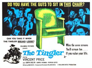 Poster for The Tingler showing a chair and the words, Do you have the guts to sit in this chair?